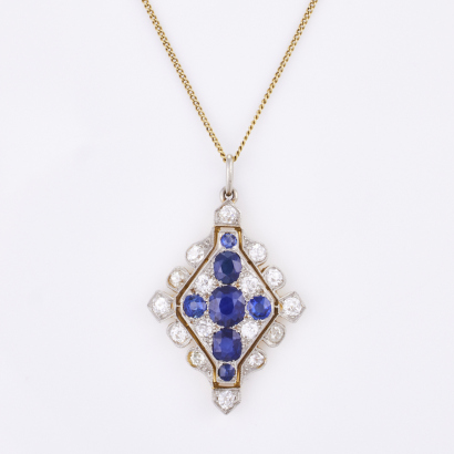Platinum /18ct Yellow Gold, Vintage, 1.46ct Sapphire / .82ct Diamond Pendant on 9ct Chain
