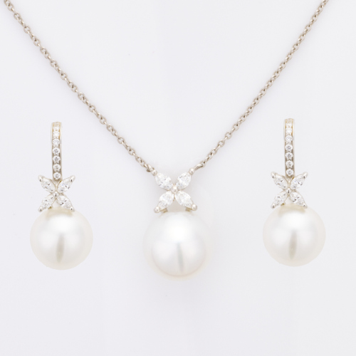 Tiffany & Co, 'Victoria' Pearl / .65ct Diamond Necklace /Earring Set