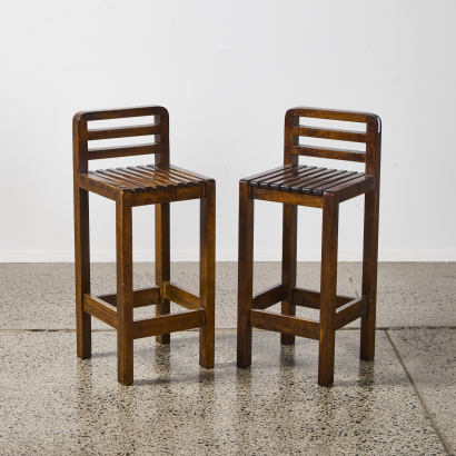 A Pair Of Slatted Breakfast Bar Wooden Stools