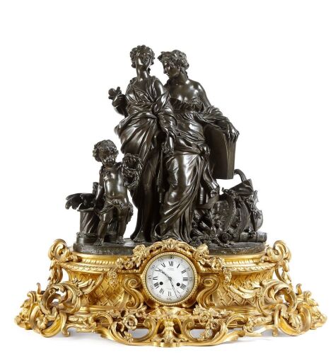 A Napoleon III Ormolu and Patinated Bronze Mantel Clock by Denière Paris