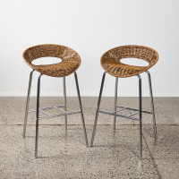 A Pair Of Rattan And Chrome Barstools