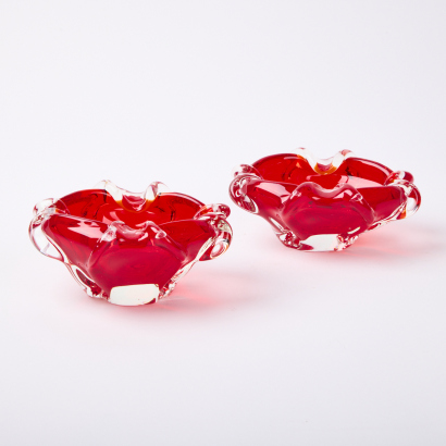 A Pair of Small Red Art Glass Bowls