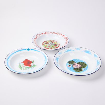 A Trio Of Vintage Enamel Bowls With Floral Detailing