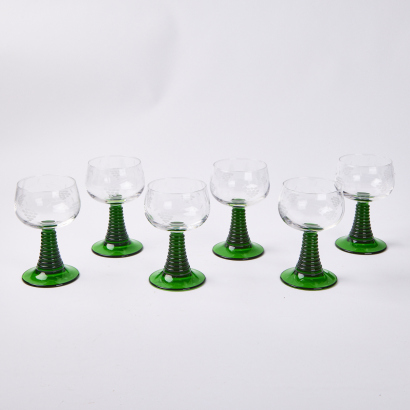 A Set of Six Large Etched Beehive Stem Glasses