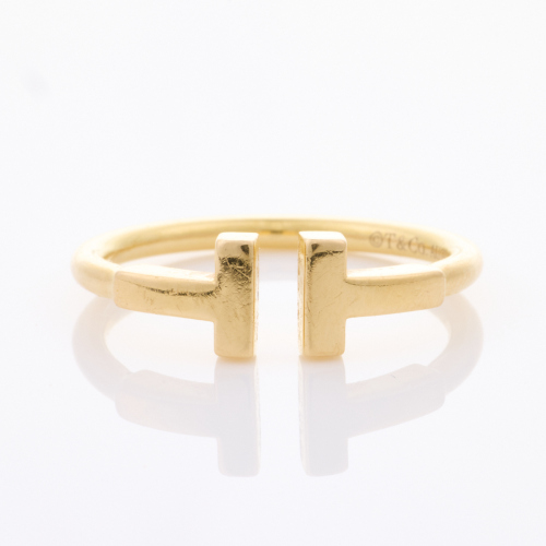 Tiffany & Co, 18ct Yellow Gold, 'T ' Ring, Size M with Box