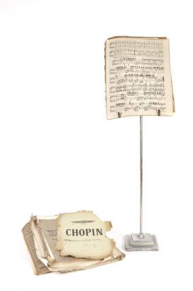 Two Metal Music Stands together with a Box of Classical Sheet Music