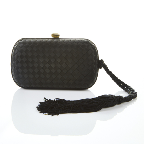 Bottega Veneta, Black Satin Intrecciato Box Clutch