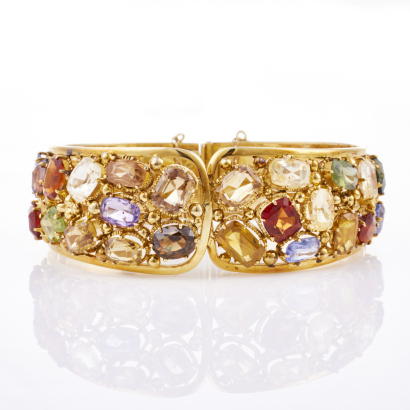 14ct Yellow Gold, Handmade, 45.92ct Multi Gemstone Bangle