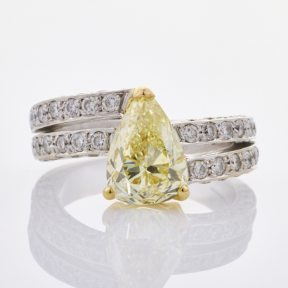 18ct White Gold, 3.02ct Fancy Yellow Pear Shaped Diamond Ring