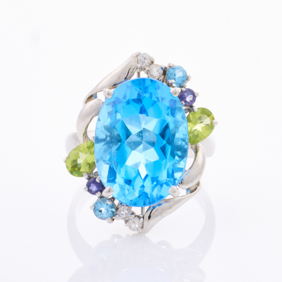 18ct White Gold, 14.83ct Topaz, Peridot, Iolite Cocktail Ring