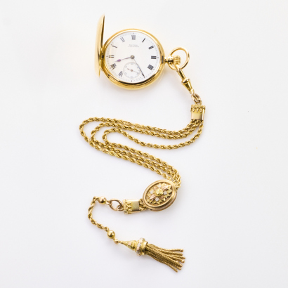 18ct Yellow Gold, Ladies Hunter Pocket Watch by Baume Longines, with 16 -11ct Albert Chain