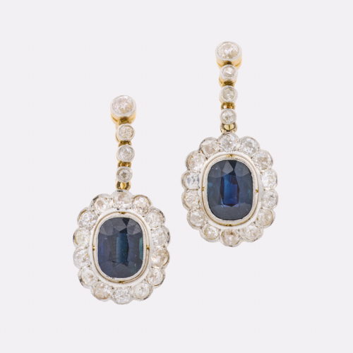 Antique, 4.96ct Sapphire / 2.12ct Diamond Drop Earrings in Yellow / White Gold