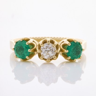 18ct Yellow Gold, .80ct Emerald / .33ct Diamond Three Stone Ring