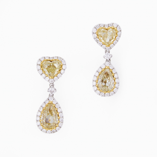 18ct Yellow / White Gold, 2.72ct Fancy Yellow Heart / Pear Shaped / .60ct Brilliant Diamond Earrings