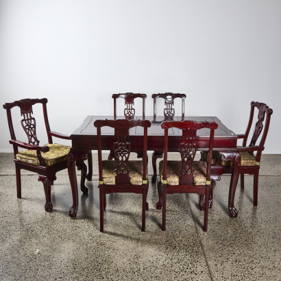 A Chinese hardwood square table and 6 chairs