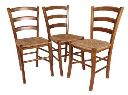 A Set of Eight French Provincial Style Ladder Backed Rush Seated Dining Chair