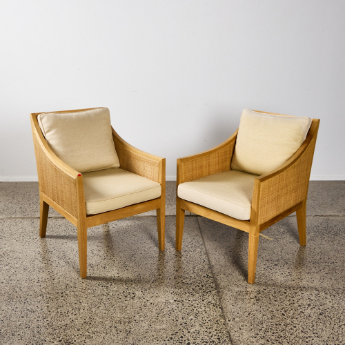 A Pair Of Custom Made Oak And Rattan Chairs By Paradigm Design