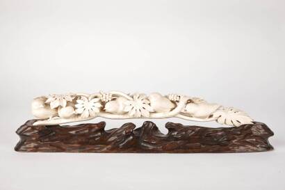 A Japanese Meiji Carved Ivory Tusk Ornament on Wooden Plinth C. 1910