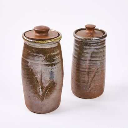 A Pair of Bruce Martin Anagama Jars with Turned Wooden Lids