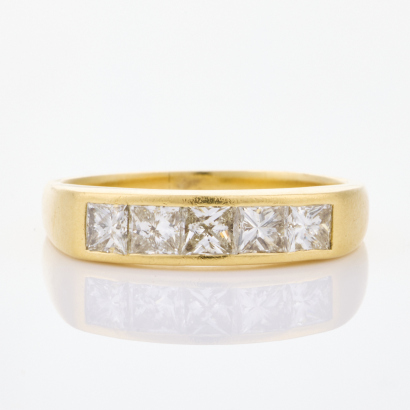18ct Yellow Gold, Modern, Handmade, 1.50ct Princess cut, Five Stone Diamond Ring