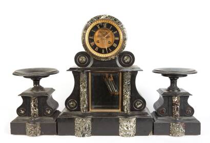 A 19th Century French Black Marble Clock Garniture with Two Tazza Stands