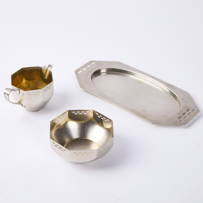 An Antique Early WMF Silverplate Sugar And Cream Stand With Pierced Design Creamer Sugar Bowl And Tray