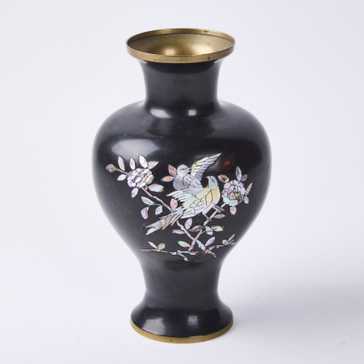 Japanese Lacquered Brass Baluster Vase With Mother Of Pearl Kach_-Ga Inlay c.1950s