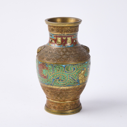 A Late Meiji Period Cloisonn Brass Vase With Foo Dog Handles c.1900