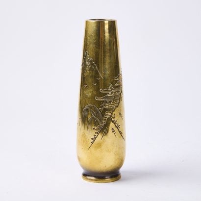 A Mid-Century Japanese Brass Vase With Engraved Mountain Landscape