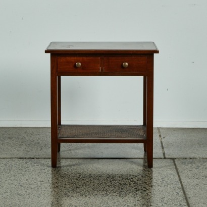 A Wood Side Table with Cane Shelf