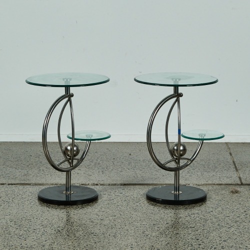 A Pair of Post Modern Marble, Steel and Glass Side Tables