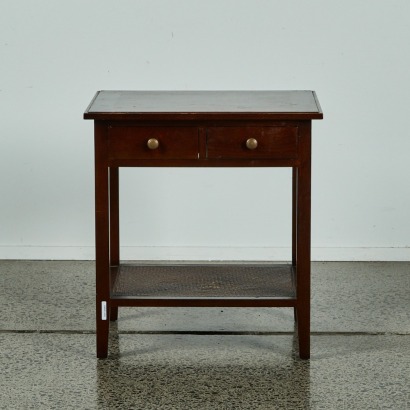 A Wood Side Table with Cane Shelf