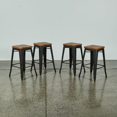 A Set of Four French Inspired Steel and Elm Barstools