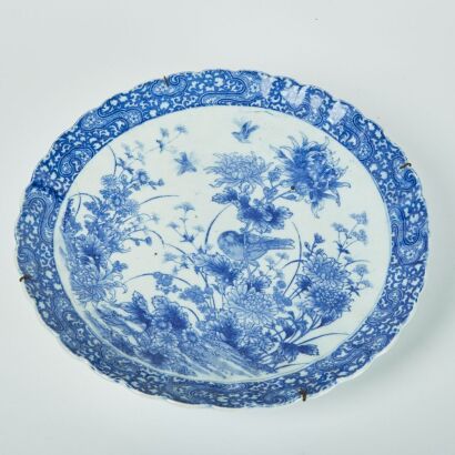 A Japanese Meiji period large blue and white 'bird and flower'dish