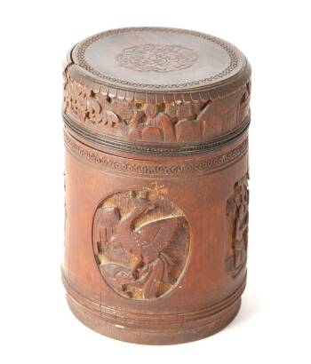 An Interesting Oriental Bamboo Carved and Lidded Canister