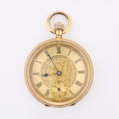 14ct Yellow Gold, 35.5mm Open Faced Engraved Pocket Watch with Case