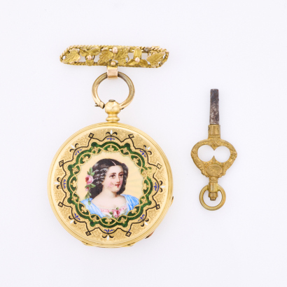 14ct Yellow Gold, 36.5mm Open Faced, Enamelled Case back, Key Wind Pocket Watch with Brooch