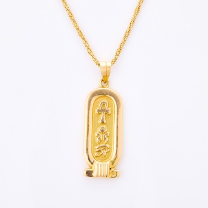 18ct - 20ct Yellow Gold, Hollow Egyptian Pendant on 50cm Wheat Sheaf Chain
