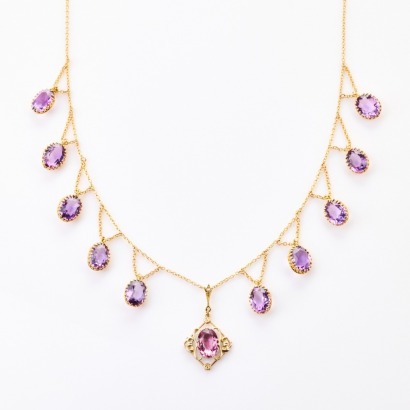 9ct Yellow Gold, Vintage, Amethyst / Paste Necklace