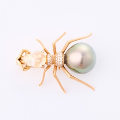 18ct Rose Gold, 28mm Diamond, Tahitian Pearl / Opal Ant Brooch