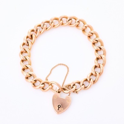 9ct Rose Gold, Vintage, 20cm Curb Link Bracelet with Heart Padlock