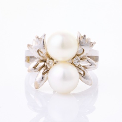 14ct White Gold / Silver, Vintage, 7mm Pearl /.03ct Diamond Ring