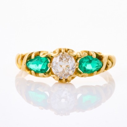 18ct Yellow Gold, Antique, Handmade, .70ct Emerald / .48ct Diamond Ring