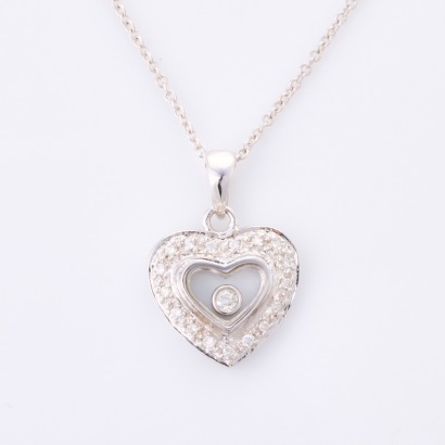 18ct White Gold Diamond Heart Pendant with Floating Diamond Centre, on 14ct White Gold Chain