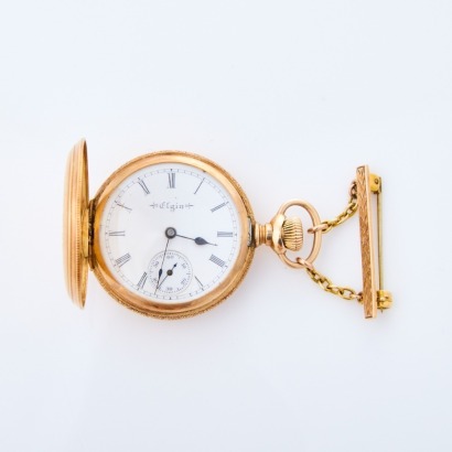 14ct Yellow Gold, 33.5mm, Elgin, Full Hunter Pocker Watch with 9ct Yellow Gold Brooch