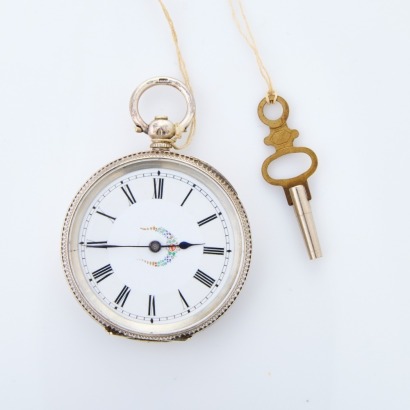 Sterling Silver, 38.5mm, Open Faced Key Wind Swiss Pocket Watch