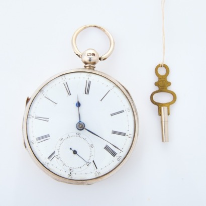 Sterling Silver, 50mm Open Faced, Key Wind Pocket Watch, circa 1850's