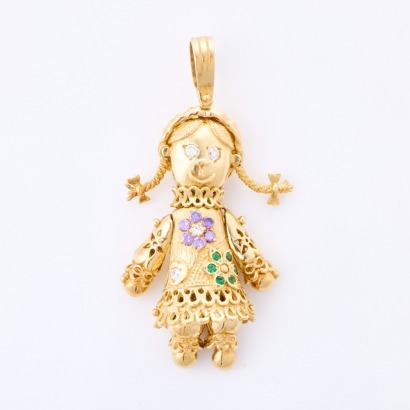 9ct Yellow Gold, 6cm Doll Pendant with Clear / Coloured Stones