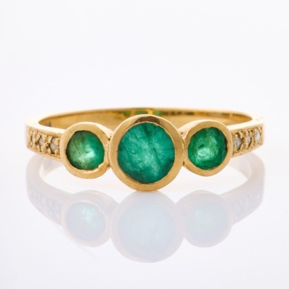 9ct Yellow Gold, Modern, Three Stone Emerald / .03ct Diamond Ring