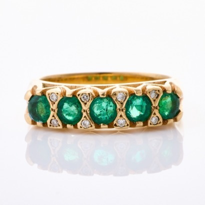 10ct Yellow Gold, Modern, Five Stone Emerald / .08ct Diamond Ring